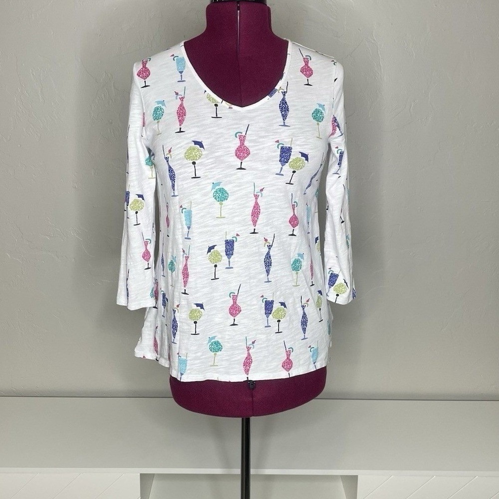 Habitat Cocktail Print Top Womens XS White 3/4 Sleeve Cotton V-Neck‎ 28621